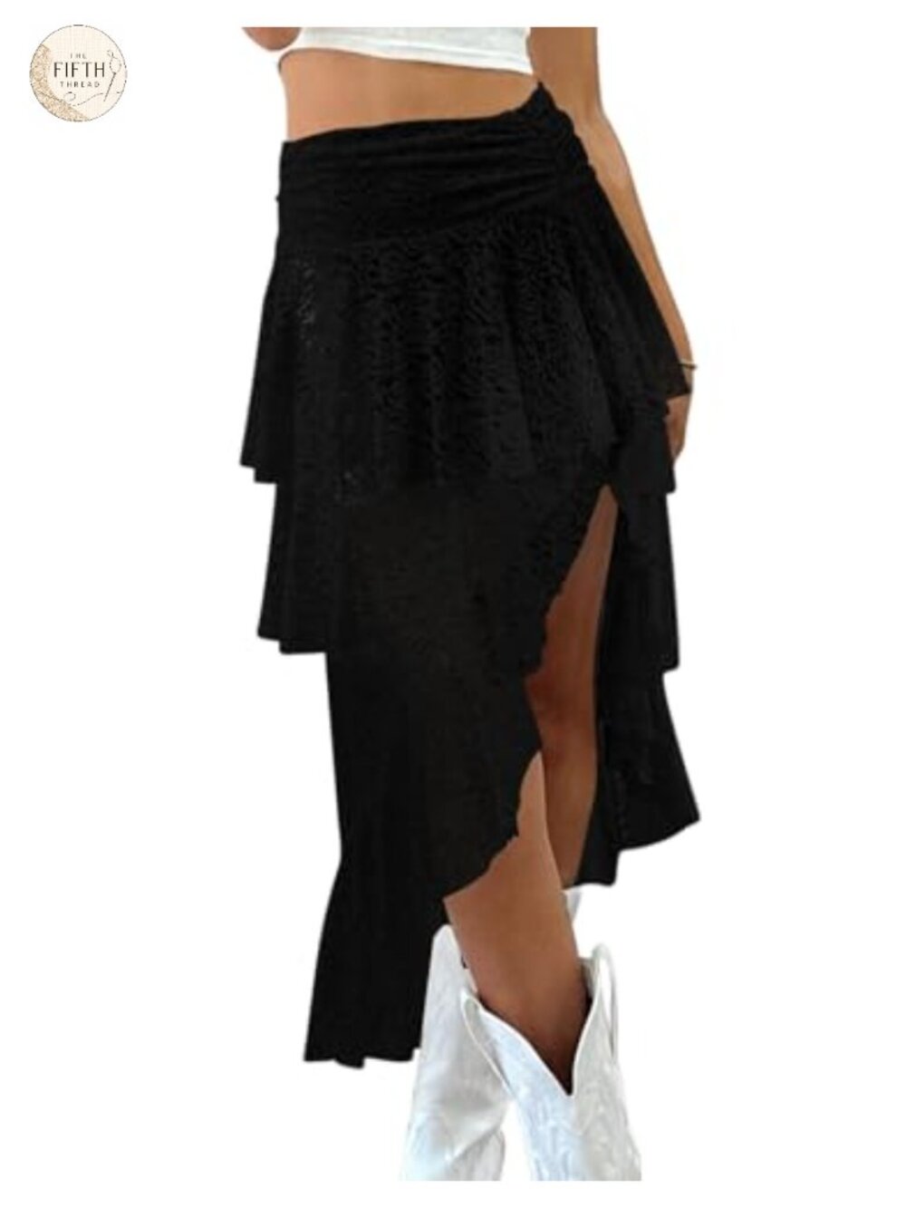 Lace Asymmetrical High-Low Midi Skirt with Built-In Shorts Flowy A-Line